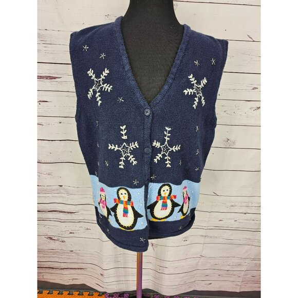 Vintage Womens Winter Sweater Vest Blue Knitted with Penguins and Snowflakes Siz - Picture 4 of 13